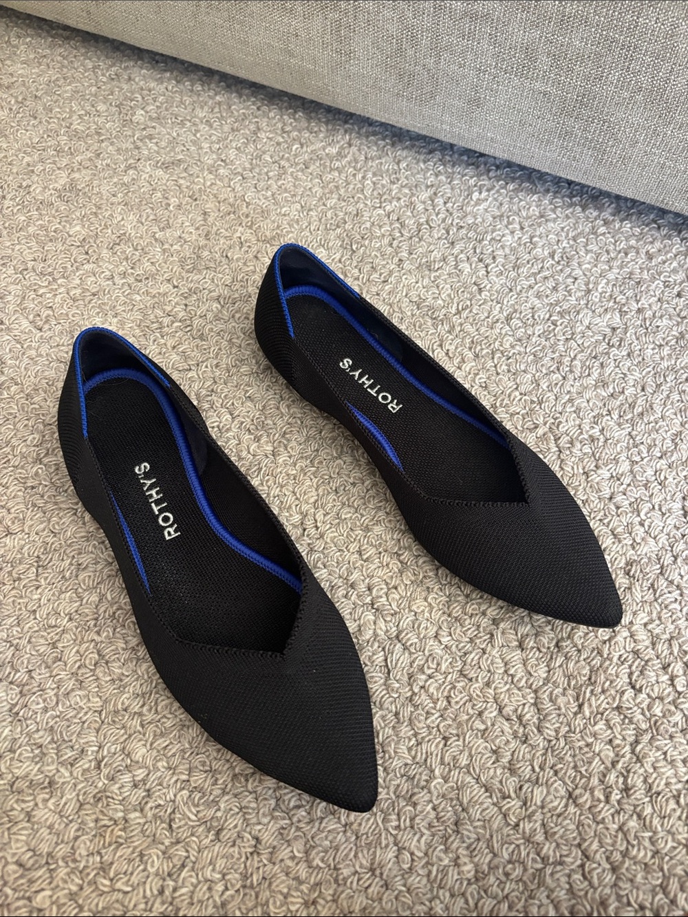 Rothy's Black Pointed Flats with Blue Trim